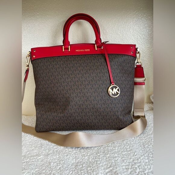 NWT Michael Kors Signature North South Travel Tote Brown Monogram & Flame Red - Picture 1 of 8